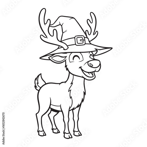 Cartoon reindeer wearing a witch hat black and white line art coloring page
