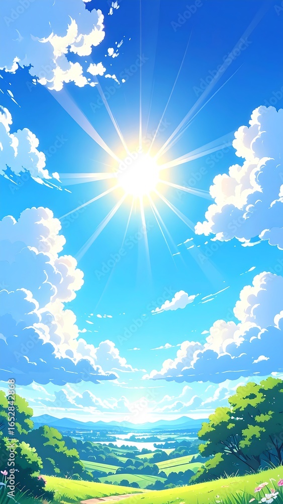 Fototapeta premium A vibrant, sunny landscape with puffy clouds