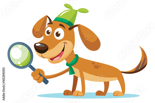 Funny cartoon illustration of a detective dog wearing a green coat and brown hat, holding a magnifying glass over one eye with a curious expression.