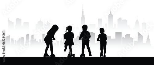 Silhouette of children riding scooters in city background