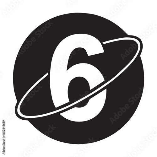 Number 6 logo icon in a black circle with a white orbital ring. Simple vector graphic for branding and design.