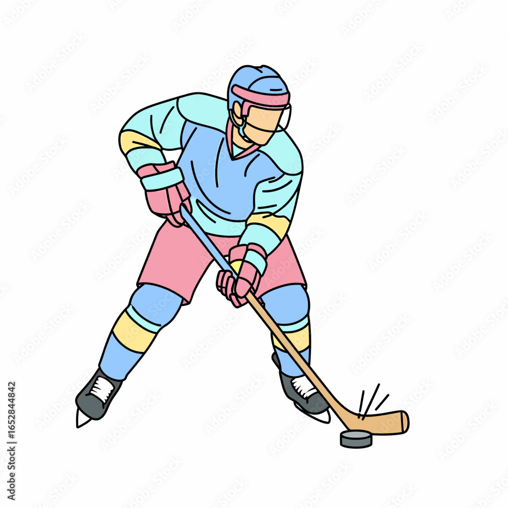 Fototapeta premium Stylized Hockey Player in Action with Puck and Stick.