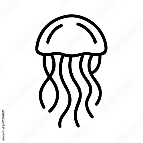 Simple graphic depiction of a jellyfish with wavy tentacles in black outline style design element