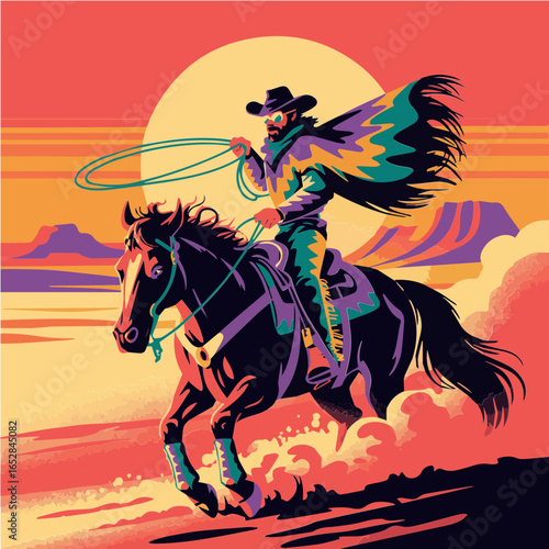 Vector artwork of a colorful cowboy rides a wild stallion across the open plains wearing poncho