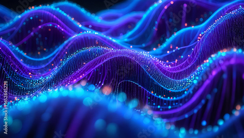 Abstract Digital Data Flow with Glowing Particles and Futuristic Waves