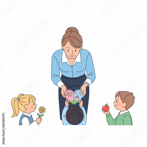 Teacher sharing a heart-shaped world with young students.