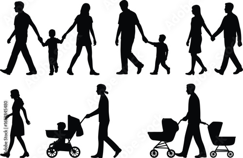 Silhouette parents walking with children and strollers, family bonding illustration, father mother baby, parenting lifestyle, outdoor modern parenthood scene