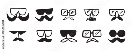 glasses and mustache male funny comic icon doodle hand drawn icon set. Outline drawing line clipart symbol collection