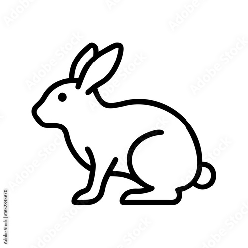 Simple graphic of a bunny with long ears and a fluffy tail in black outline on a white background