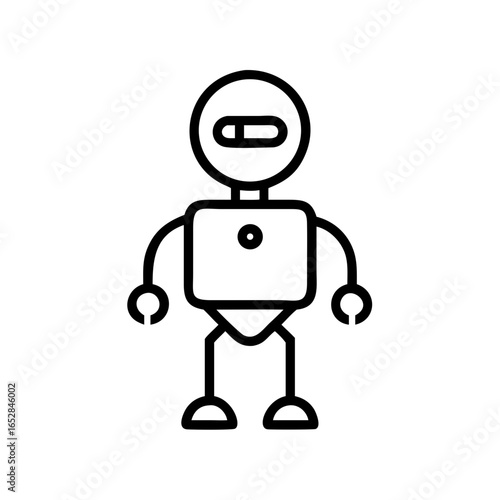 Simple line drawing of a small android with a square body and round head on a white background