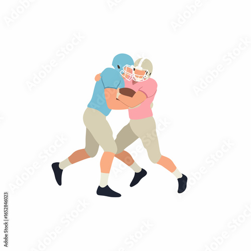 Two football players in action one tackling the other for the ball.