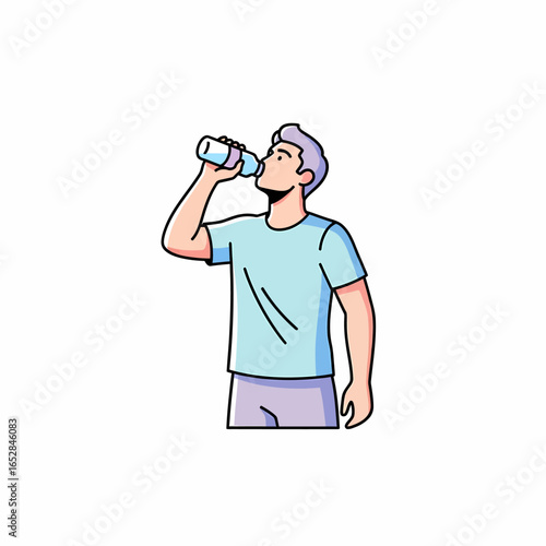 Cartoon illustration of a young man with purple hair drinking water from a plastic bottle.