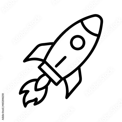 Simple outline drawing of a spacecraft with flames indicating liftoff and upward movement in the sky above