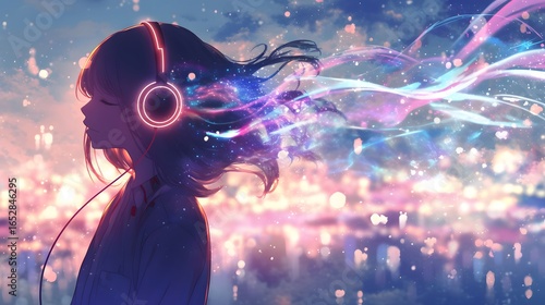 A girl with vibrant hair and headphones stands quietly among glowing lights, her gaze full of wonder and calm
