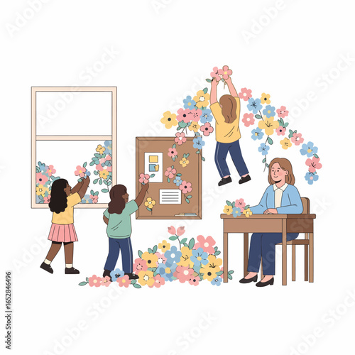 Children and Teacher Decorating Classroom with Flowers.