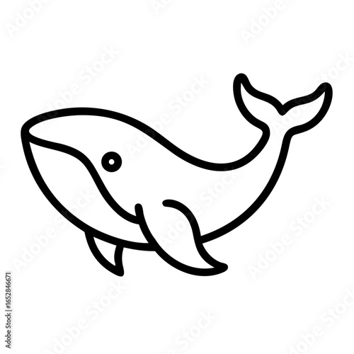 Simple graphic of a whale with an eye, flippers and tail in black outline on a white background