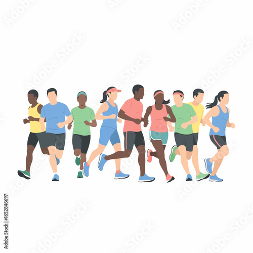 Diverse group of men and women running together in colorful athletic wear depicted in a modern flat vector style.