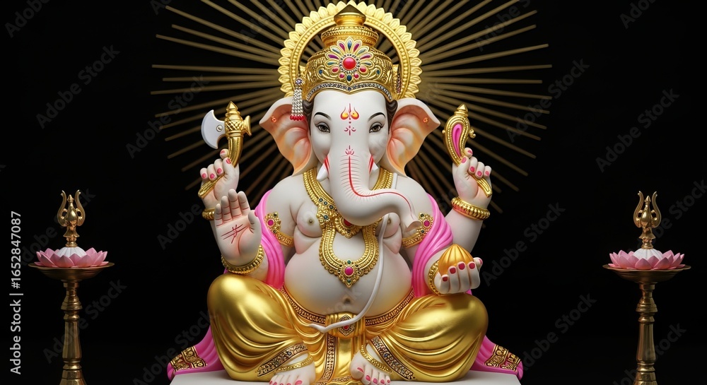 Fototapeta premium Serene Ganesha, the Remover of Obstacles, Sitting in Meditation with Radiant Aura and Flanking Oil Lamps, Evoking Peace and Divine Blessing