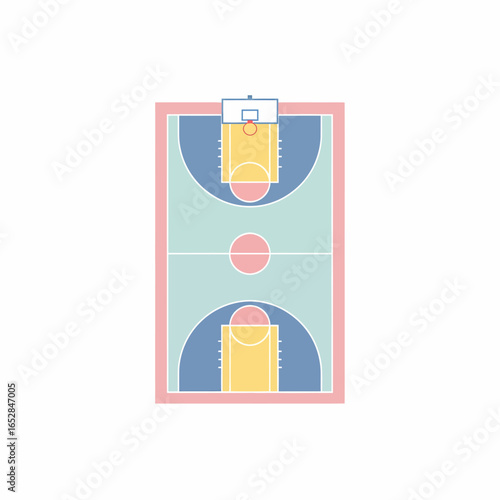Colorful pastel basketball court aerial view illustration with blue pink and yellow zones.