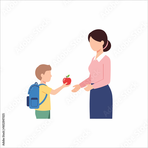 A young student with a blue backpack giving a shiny red apple to his female teacher as a gesture of appreciation.