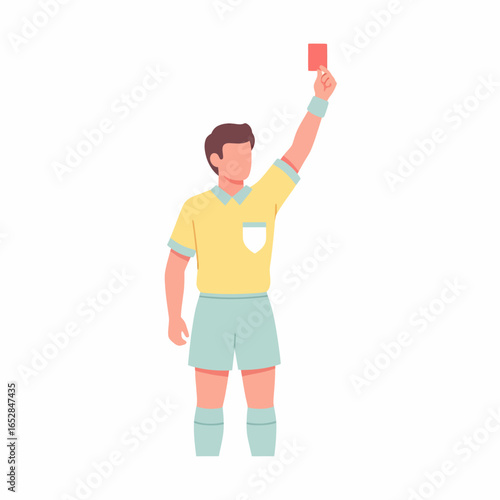 Soccer Referee Raising Red Card in Yellow Uniform Flat Vector Illustration.