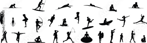 Silhouette vector of fitness, swimming, yoga, archery, paddleboarding, meditation poses, cad drawing, sport activity, active people, black illustration