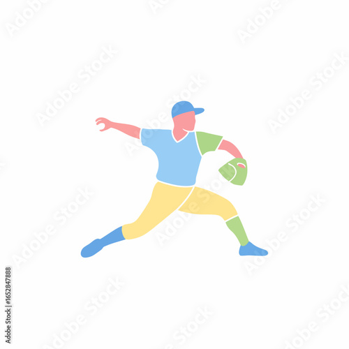 Minimalist flat vector illustration of a baseball pitcher throwing rendered in soft pastel colors.