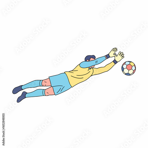 Dynamic line art illustration of a soccer goalkeeper in a yellow and blue uniform diving to save a colorful ball.