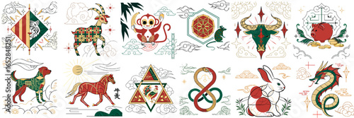 Set of decorative icons featuring animals and geometric shapes  