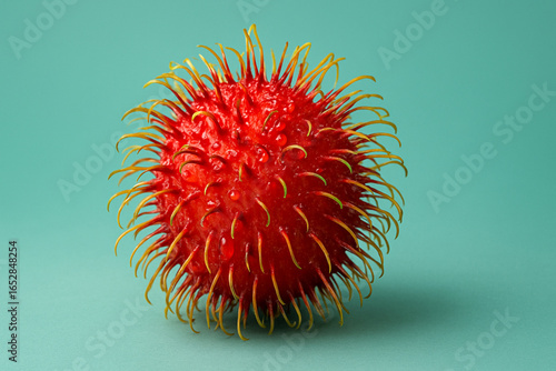 Poster of a fresh and ripe rambutan, looking very healthy with perfect shape and color.