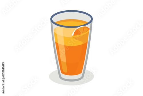Download this vibrant and refreshing orange juice vector illustration featuring a tall glass filled with bright orange juice and garnished with a lemon slice. 