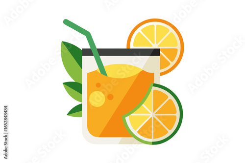 Download this vibrant and refreshing orange juice vector illustration featuring a tall glass filled with bright orange juice and garnished with a lemon slice. 