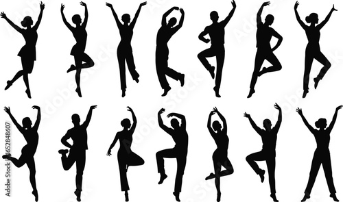 Silhouettes of dancers in various poses, expressing grace, movement, and energy through modern dance, performance art, and choreography motion