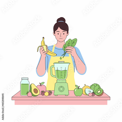 A cheerful woman in a yellow apron adds fresh spinach and a banana to a blender to make a healthy green smoothie.