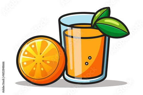 Download this vibrant and refreshing orange juice vector illustration featuring a tall glass filled with bright orange juice and garnished with a lemon slice. 