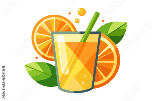 Download this vibrant and refreshing orange juice vector illustration featuring a tall glass filled with bright orange juice and garnished with a lemon slice. 