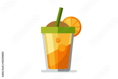 Download this vibrant and refreshing orange juice vector illustration featuring a tall glass filled with bright orange juice and garnished with a lemon slice. 