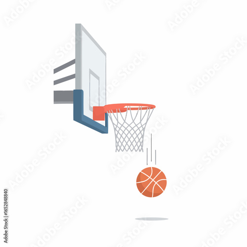 Flat-style illustration of an orange basketball entering a hoop with a net showcasing the balls descent and the nets texture.