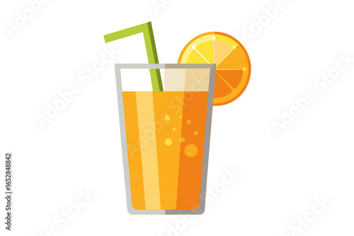Download this vibrant and refreshing orange juice vector illustration featuring a tall glass filled with bright orange juice and garnished with a lemon slice. 