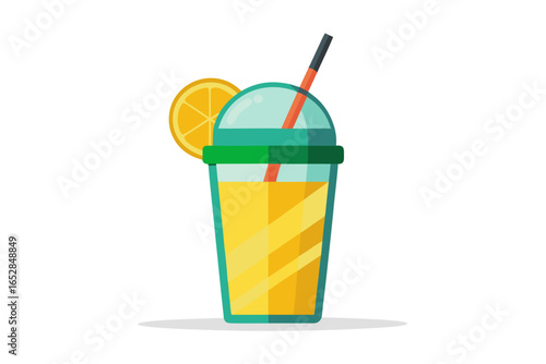 Download this vibrant and refreshing orange juice vector illustration featuring a tall glass filled with bright orange juice and garnished with a lemon slice. 