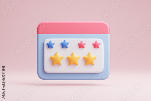 A colorful, 3D-rendered object featuring stars and a playful design against a soft pink background, suggesting a rating or review theme.