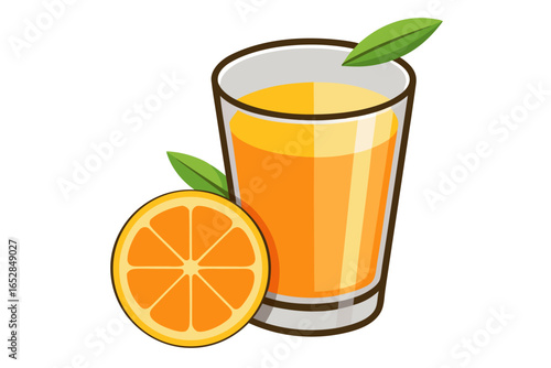 Download this vibrant and refreshing orange juice vector illustration featuring a tall glass filled with bright orange juice and garnished with a lemon slice. 
