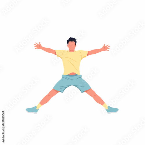 Energetic man in yellow t-shirt and blue shorts performing a jumping jack exercise flat illustration style.