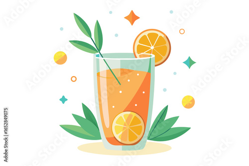 Download this vibrant and refreshing orange juice vector illustration featuring a tall glass filled with bright orange juice and garnished with a lemon slice. 