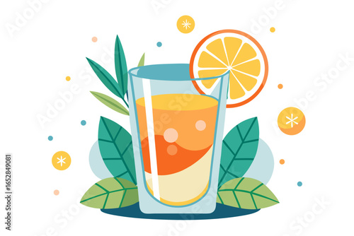 Download this vibrant and refreshing orange juice vector illustration featuring a tall glass filled with bright orange juice and garnished with a lemon slice. 