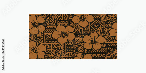 Print   Hibiscus flower with tapa cloth background abstract tribal vector seamless pattern for fabric shirt pillow tablecloth towel wrapping