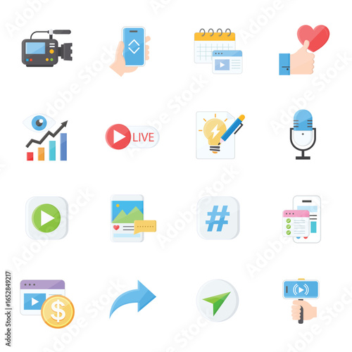 Video Marketing & Social Media Icon Set Live Stream, Content Creation