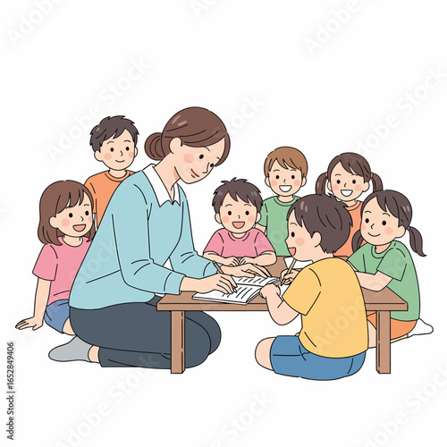 Teacher assisting students with schoolwork at a small wooden table.