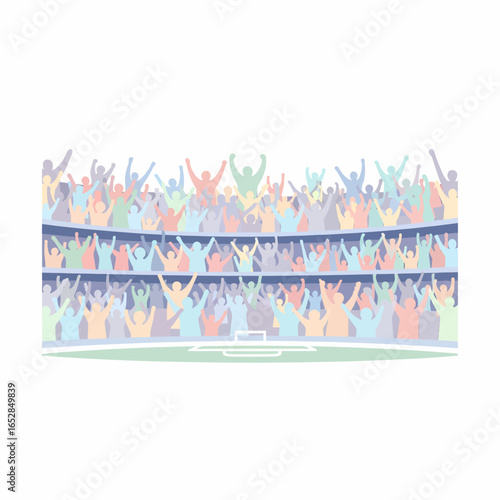 Cheering Crowd in Stadium with Raised Arms Colorful Silhouettes.