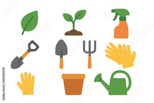 Vibrant collection of essential gardening tools and plant care items, featuring a sprout, leaf, shovel, trowel, fork, watering can, spray bottle, and gloves, all presented with a captivating glowing